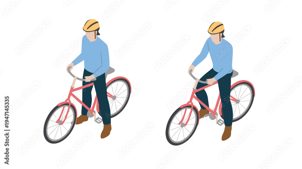 Fototapeta premium Isometric Cyclist Standing with Red Bicycle and Yellow Helmet Isolated on White Background