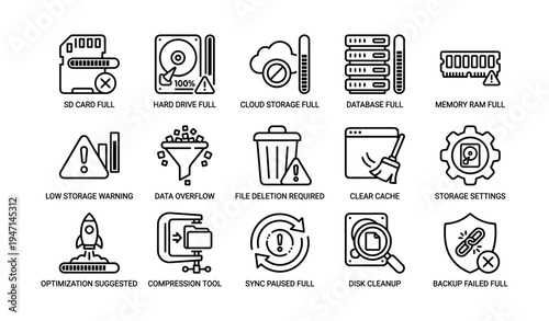 Data management icons: storage warnings, solutions, and tools for optimized performance