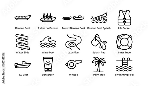 Icon set of water activities and safety equipment: boats, life jacket, pool, and splash fun