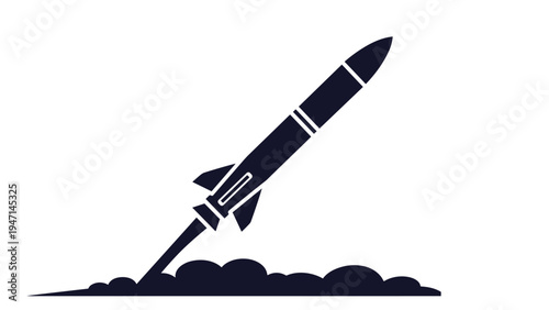 Solid black silhouette of a rocket launching into space with large clouds of smoke at the base on white background.