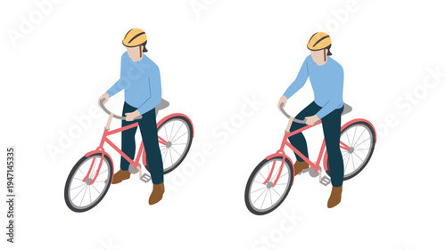 Isometric Cyclist Standing with Red Bicycle and Yellow Helmet Isolated on White Background