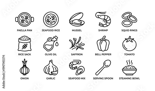 Icon set of seafood dishes and ingredients including paella, shrimp, and vegetables