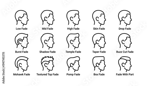Diverse men's fade haircuts illustrated with side profile icons