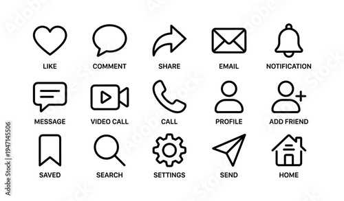 Essential user interface icons for modern communication and social networking