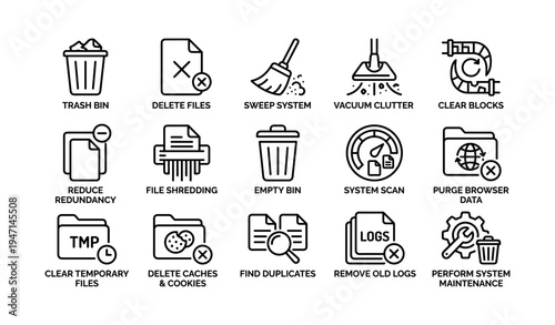 Icon set for system cleanup: trash bin, delete files, sweep, vacuum, clear, shred, scan, purge, find, logs