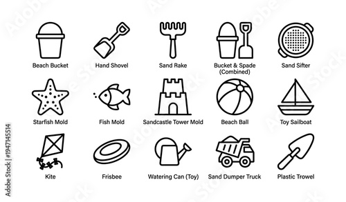 Beach toys collection with buckets, shovels, sand molds, kite, and frisbee