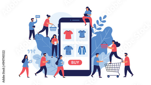 Group of people interacting with a large smartphone to browse and buy clothes from an online shopping mobile app.