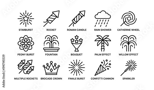 Firework icons: starburst, rocket, roman candle, rain shower, catherine wheel