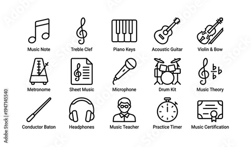 Musical instrument and theory icons including piano, guitar, violin, and sheet music