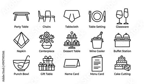 Event essentials: tables, decorations, and dining setup icons