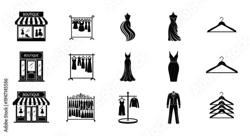Fashion icons and clothing store graphics for design including boutique shops dresses hangers and racks with various garments