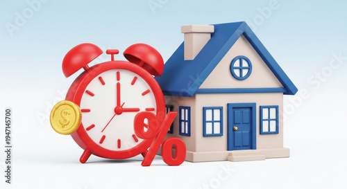Real estate mortgage concept showing red alarm clock next to small house model with gold dollar coin and large percentage symbol on light blue gradient