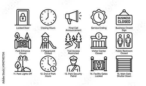 Park and facility closure icons including security and restricted access signs