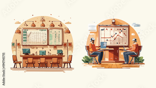 Illustrations showing business data analysis, strategic planning, and teamwork in various office environments, promoting effective decision-making and operational insight