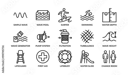 Water park icons: surfer, lifeguard, swimming, wave, slide