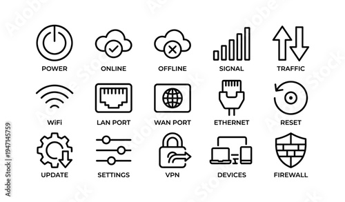 Technology icon set showing power, network, and security symbols