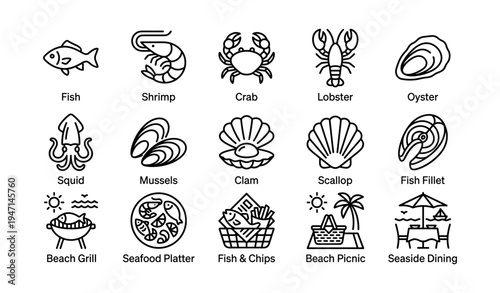 Beach seafood icon set featuring fish crab lobster shrimp oyster and seaside dining