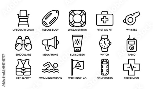Lifeguard equipment icons include rescue buoy, life preserver, first aid kit, and warning flag