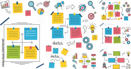 Business Planning and Brainstorming Sticky Notes Workflow Set with Arrows, Charts, Targets and Idea Concept Elements