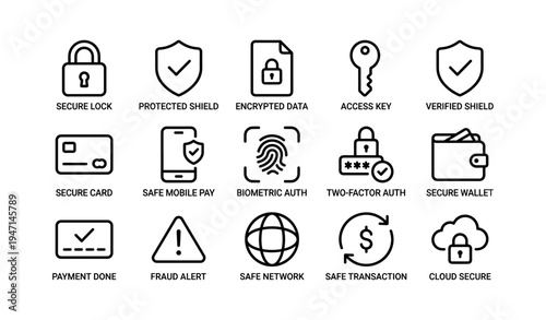Cybersecurity icon set featuring secure lock, verified shield, and encrypted data symbols