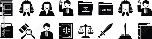Collection of Black and White Legal and Justice Icons on White Background court judge