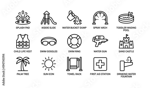Summer water park icons: splash pad, kiddie slide, water buckets, spray arch, kids pool