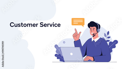 Professional customer support representative wearing a headset and working on a laptop to assist clients online.