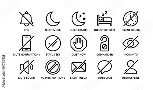 Minimalist icons for quiet modes and privacy settings