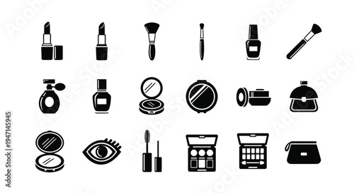 Collection of black makeup and beauty icons on white background for design