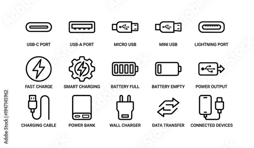 Various usb port types and charging symbols for modern devices