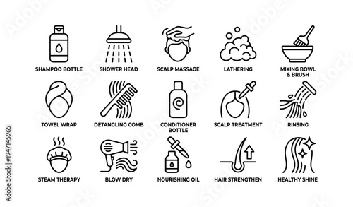 Hair care essentials: shampoo, conditioner, blow dry, scalp treatment icons