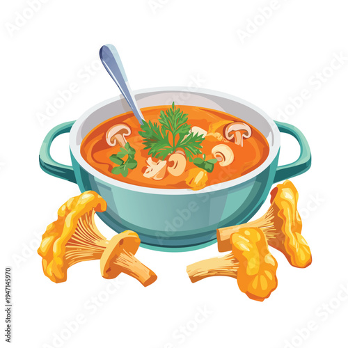 Delicious mushroom soup in a green bowl with chanterelle mushrooms isolated