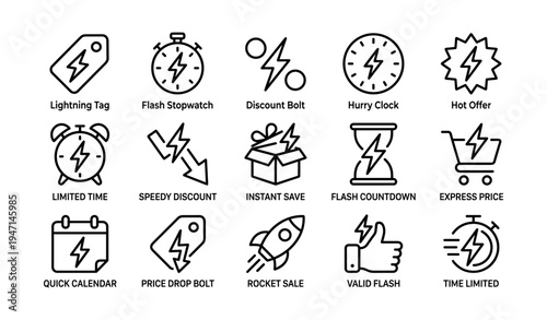 Discount and countdown symbols with lightning bolt theme for promotions