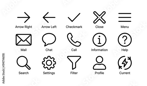Set of 16 minimalist line icons: arrows, checkmark, close, menu, and more