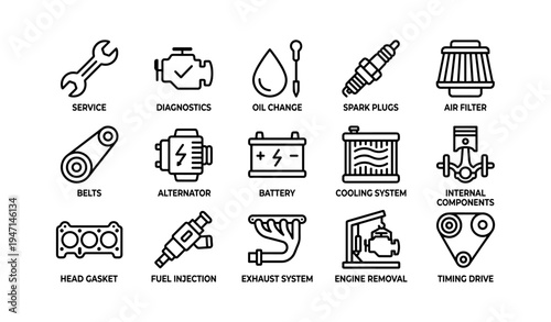 Car maintenance icons: tools and components for vehicle diagnostics and repair
