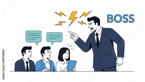 Aggressive boss shouting and pointing at employees in a meeting room during a very stressful corporate conflict.