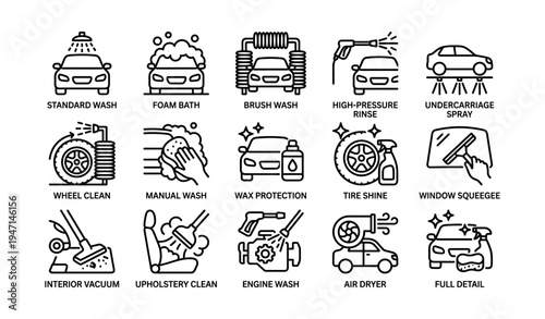 Car wash services icons set featuring various cleaning methods and equipment