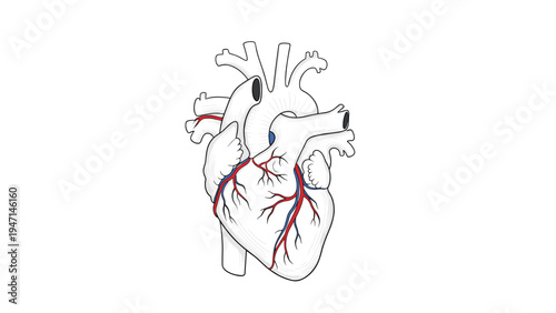 Detailed anatomical illustration of a human heart with arteries and veins isolated on a clean white background.