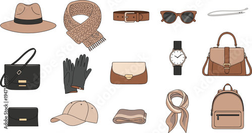Fashion Accessories Collection with Hat, Scarf, Belt, Sunglasses, Bags, Gloves, Watch and Backpack Stylish Apparel Elements