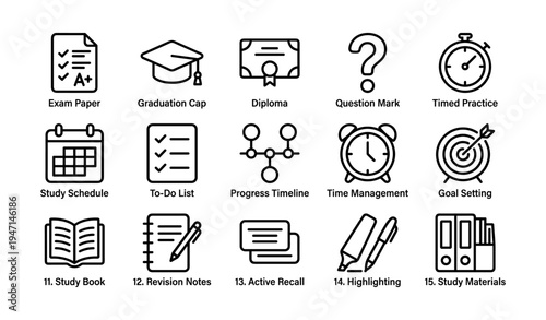 Educational icons for exam preparation: study materials, schedule, time management, goal setting