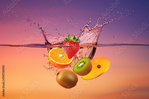 Dynamic splash of colorful fresh fruits strawberry, orange, kiwi, mango, into clear water against a vibrant gradient background, symbolizing health