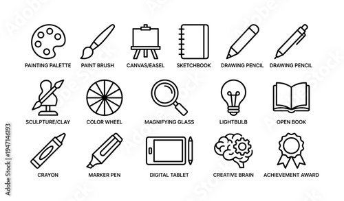 Art tools icons: palette, brush, easel, sketchbook, pencil, clay, color wheel, magnifying glass, lightbulb, book, crayon, digital tablet, creative brain, award