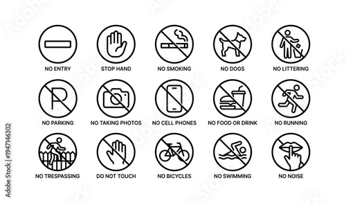 Universal prohibition symbols: no entry, smoking, dogs, littering, parking, photos, phones, food