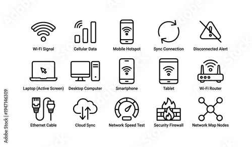 Technology icons for network connectivity and internet devices