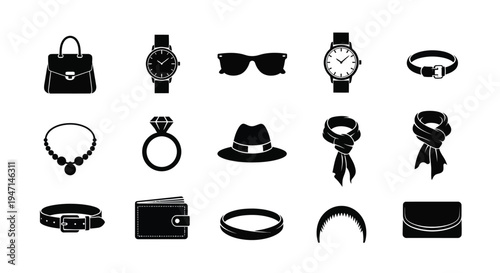Collection of black fashion accessories icons including jewelry watches hats and bags on white background