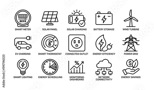 Energy and connectivity icons: smart meter, solar panel, ev charging, energy scheduling, network connectivity