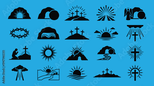 Easter religious icons set with crosses sun rays clouds hill tomb and praying man  symbolizing resurrection and faith