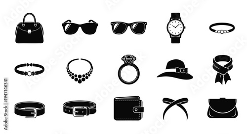 Collection of black fashion accessories icons including jewelry hats bags and watches on white background for design and branding