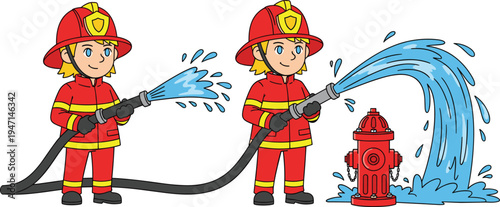 Cute firefighter cartoon character using fire hose and hydrant spraying water, emergency service safety concept, kids illustration, flat vector style