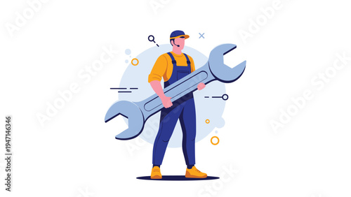 Professional mechanic character holding a giant metal wrench for repair and maintenance service concept design.